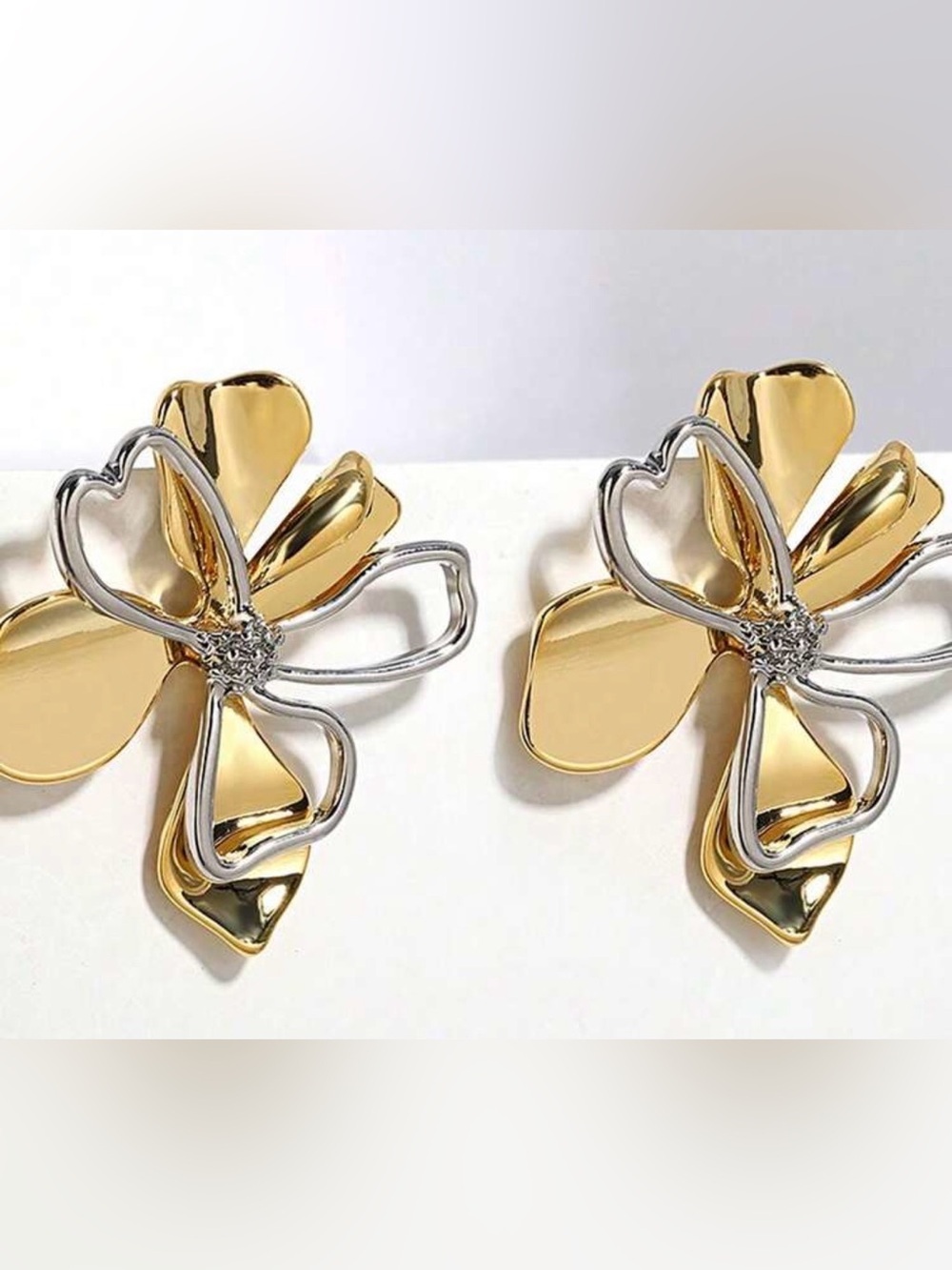 Gold Tone Floral Statement Earrings with Crystal Center | Elegant Oversized - Picture 1 of 3